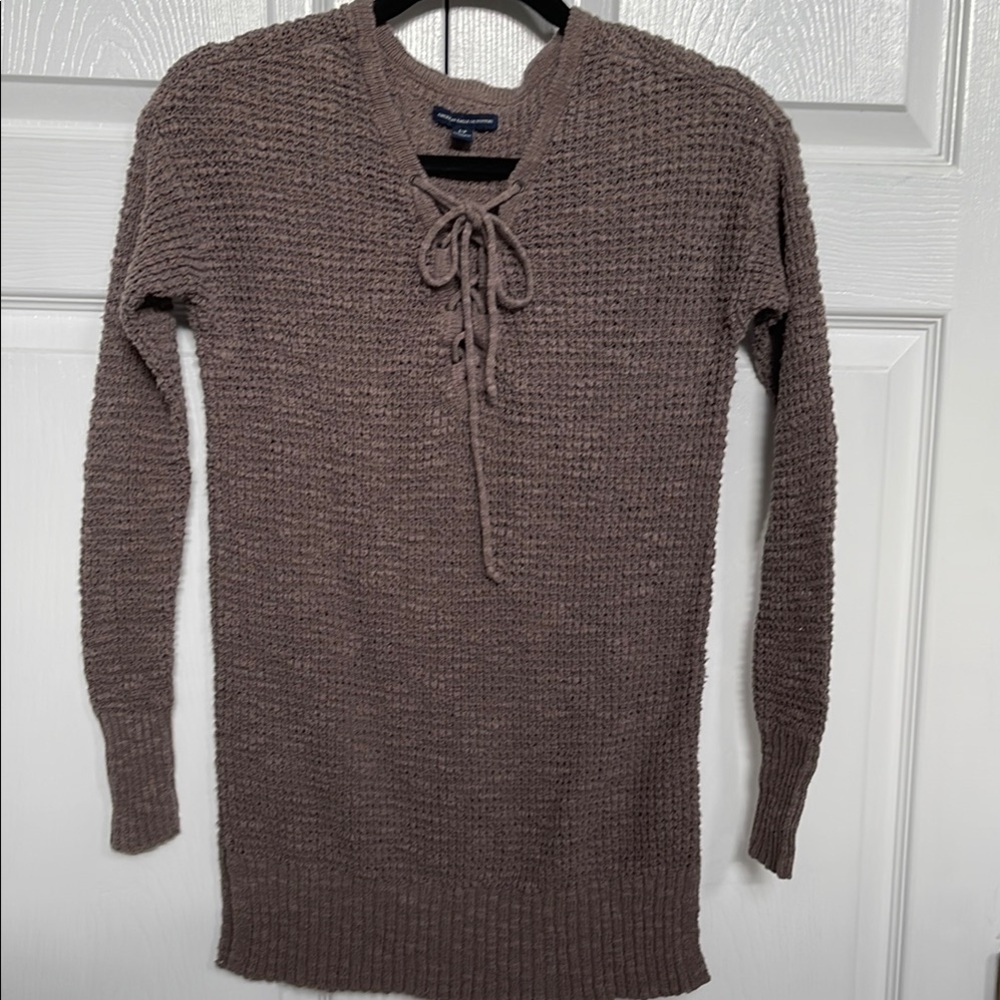 American Eagle Brown Knit Sweater with Lace-Up Detail